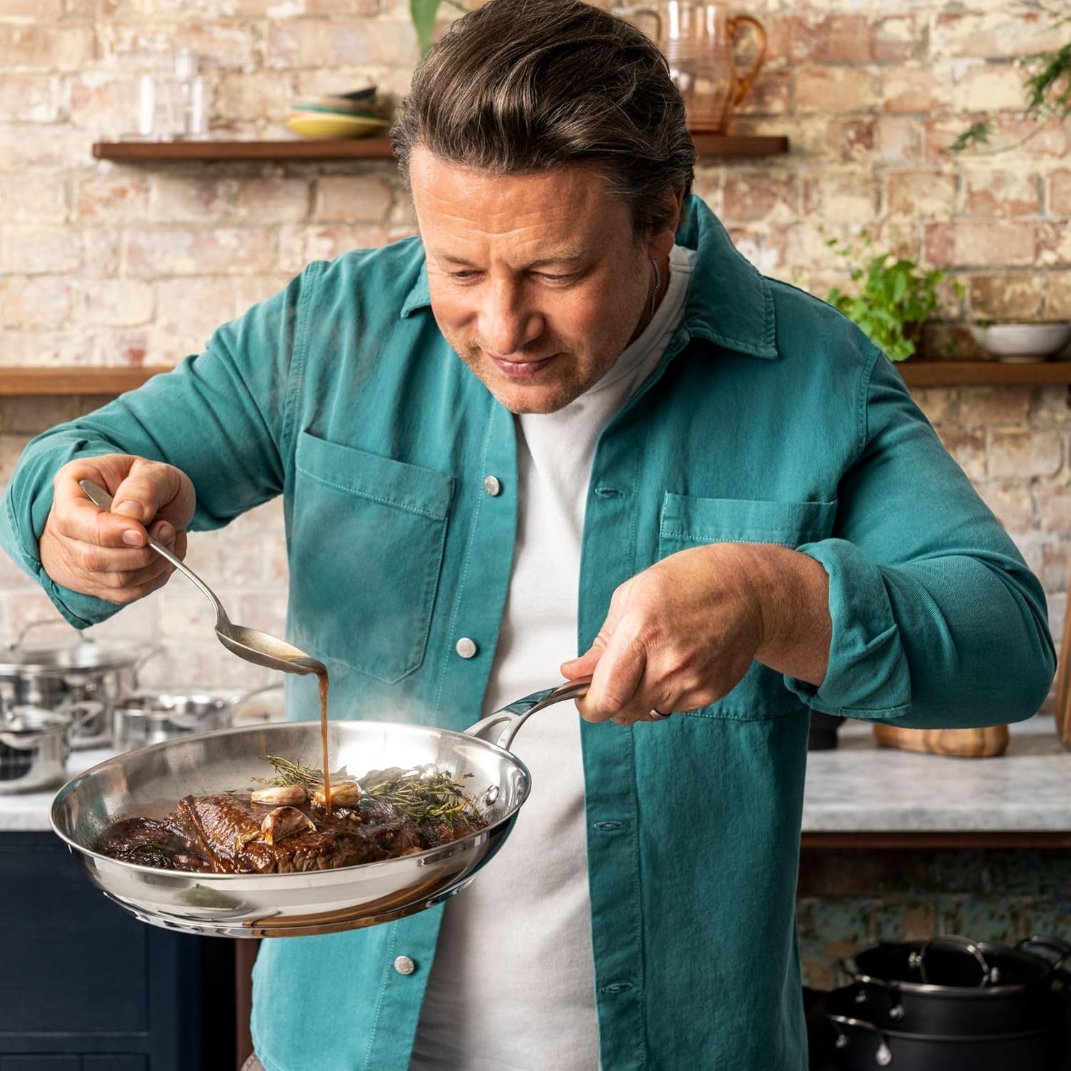image:imageTFal x Jamie Oliver Nonstick Coated Stainless Steel Pans 95 amp 11 Induction Compatible Oven Safe up to 500F Chefs Stainless Steel Skillet Frying Pan SilverStainless Steel