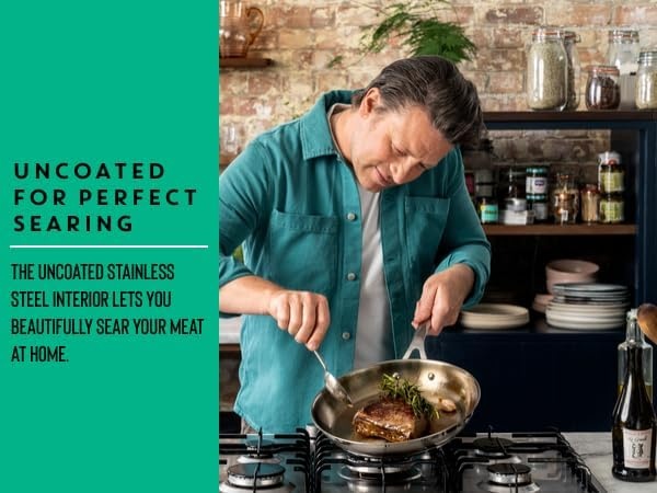 image:imageTFal x Jamie Oliver Nonstick Coated Stainless Steel Pans 95 amp 11 Induction Compatible Oven Safe up to 500F Chefs Stainless Steel Skillet Frying Pan SilverStainless Steel