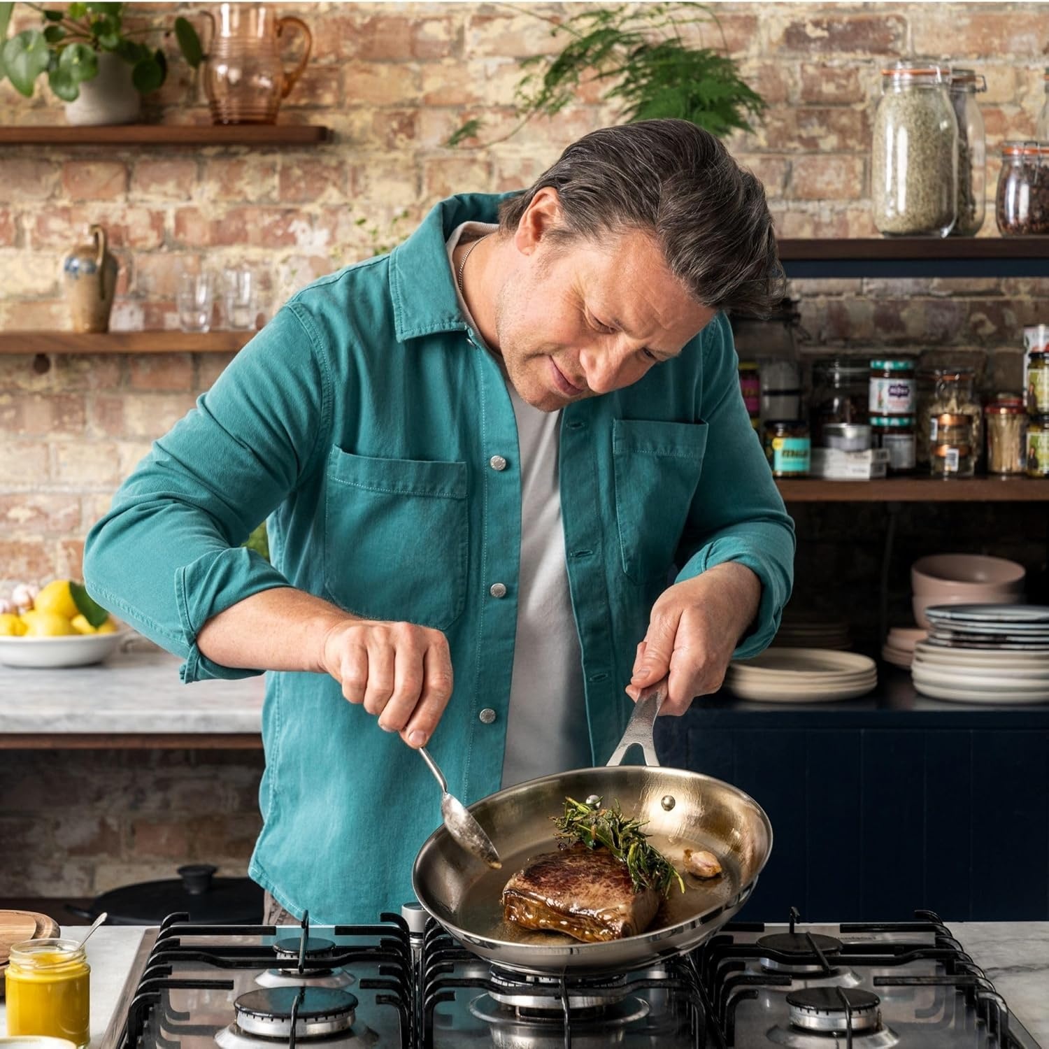 image:imageTFal x Jamie Oliver Nonstick Coated Stainless Steel Pans 95 amp 11 Induction Compatible Oven Safe up to 500F Chefs Stainless Steel Skillet Frying Pan SilverStainless Steel