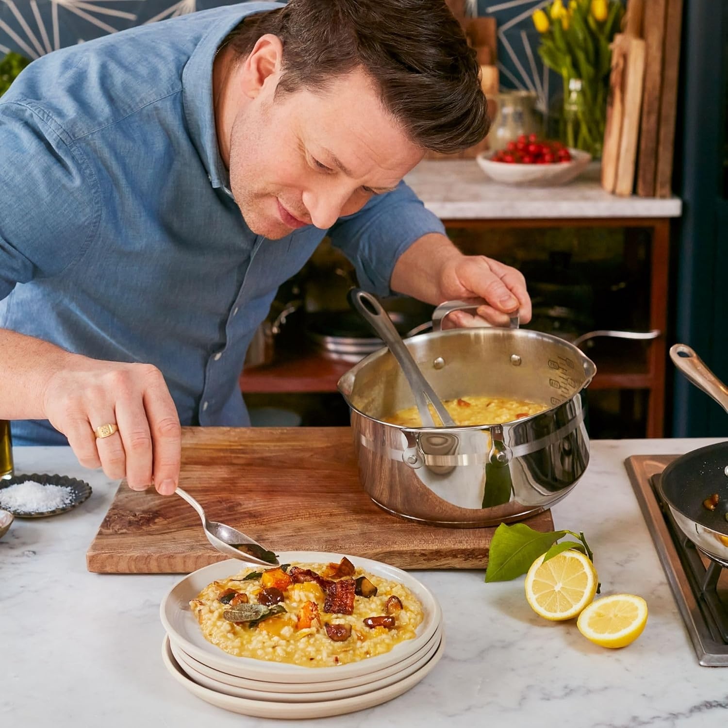 image:imageTFal x Jamie Oliver Nonstick Coated Stainless Steel Pans 95 amp 11 Induction Compatible Oven Safe up to 500F Chefs Stainless Steel Skillet Frying Pan SilverStainless Steel