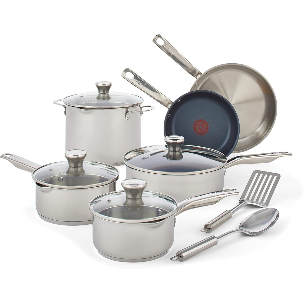 image:imageTfal Platinum Stainless Steel with Nonstick Cookware Set 12 Piece Induction Oven Broiler Safe 500F Pots and Pans Dishwasher Safe Silver